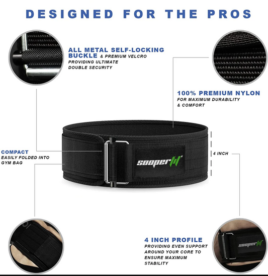 SooperFit 4” Nylon Self-Locking Weight Lifting Belt Back Support Gym Black
