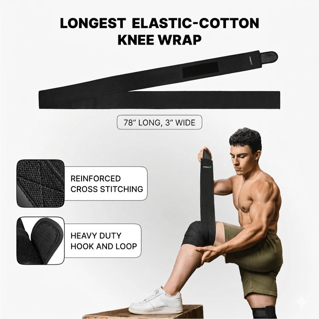 SooperFit 2M Knee Wraps for Squats & Weightlifting Adjustable Knee Support Straps Black-Sooperfit