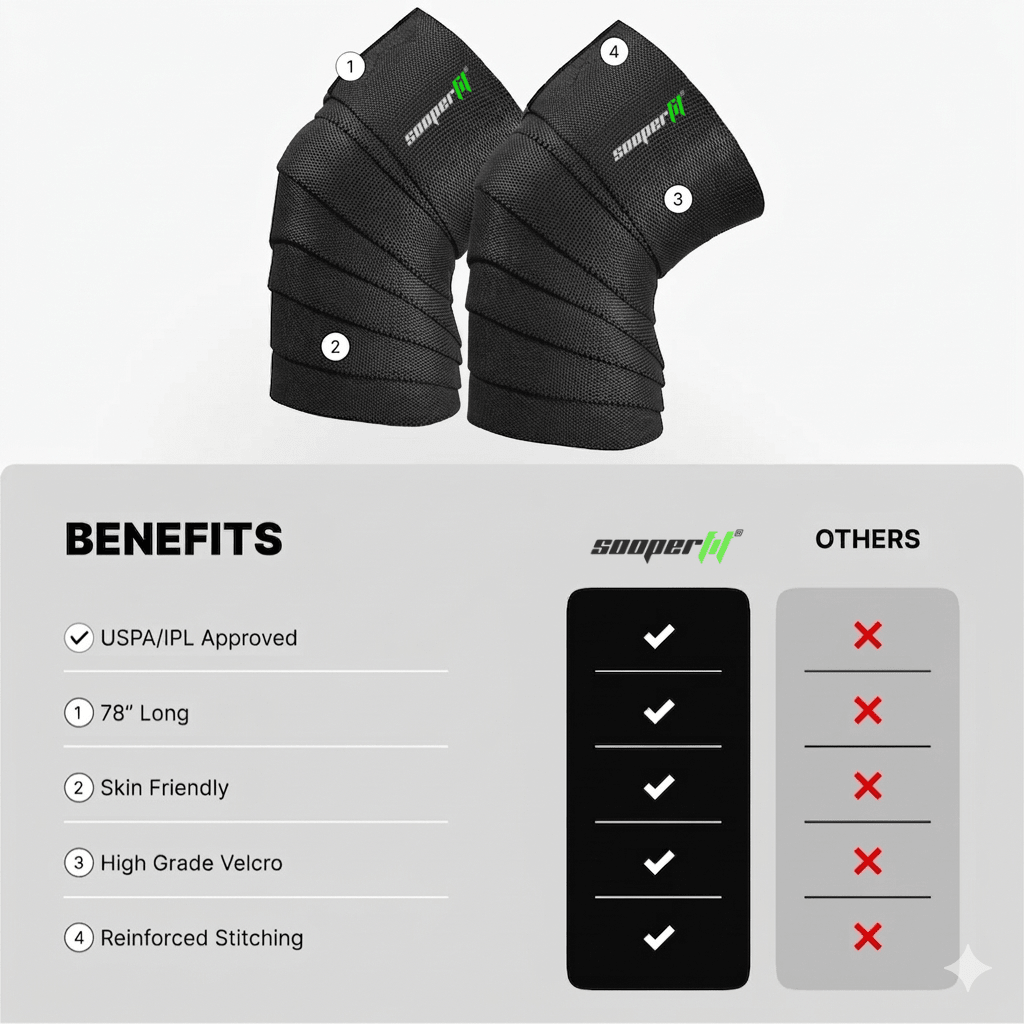 SooperFit 2M Knee Wraps for Squats & Weightlifting Adjustable Knee Support Straps Black-Sooperfit