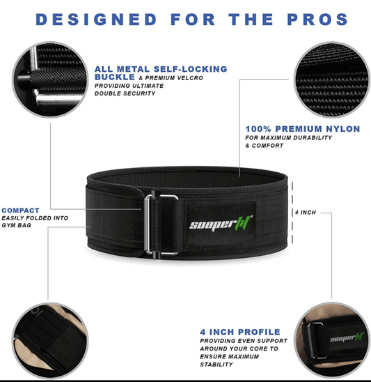 SooperFit Gym Power Bundle 4” Nylon Self-Locking Weight Lifting Belt & Power Straps-Sooperfit