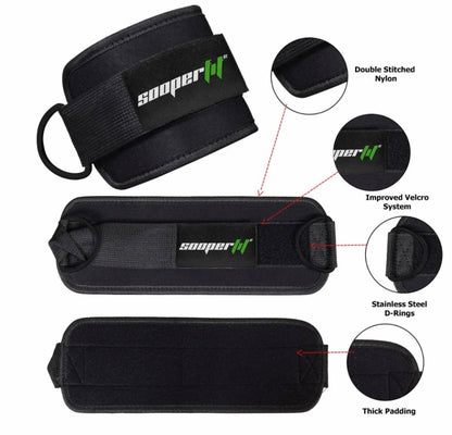 SooperFit Adjustable Gym Ankle Straps Lifting Cuffs for Cable Machine Black (Pair)-Sooperfit