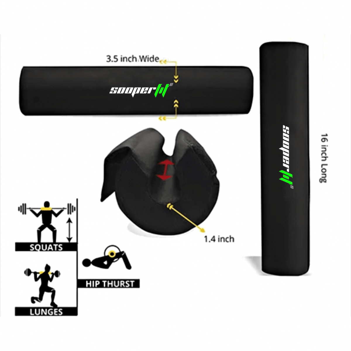 SooperFit Barbell Squat Pad Thick Foam Barbell Neck Pad for Squats, Hip Thrusts Black-Sooperfit