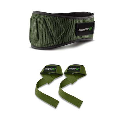 Sooperfit Neoprene Weight Lifting 6'' Belt + Power Strap Army Green Bundle 1 - Sooperfit
